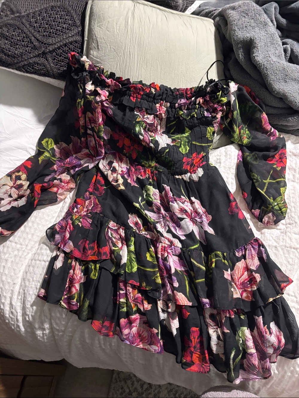 Off-Shoulder Black Floral Ruffled Women’s Dress
